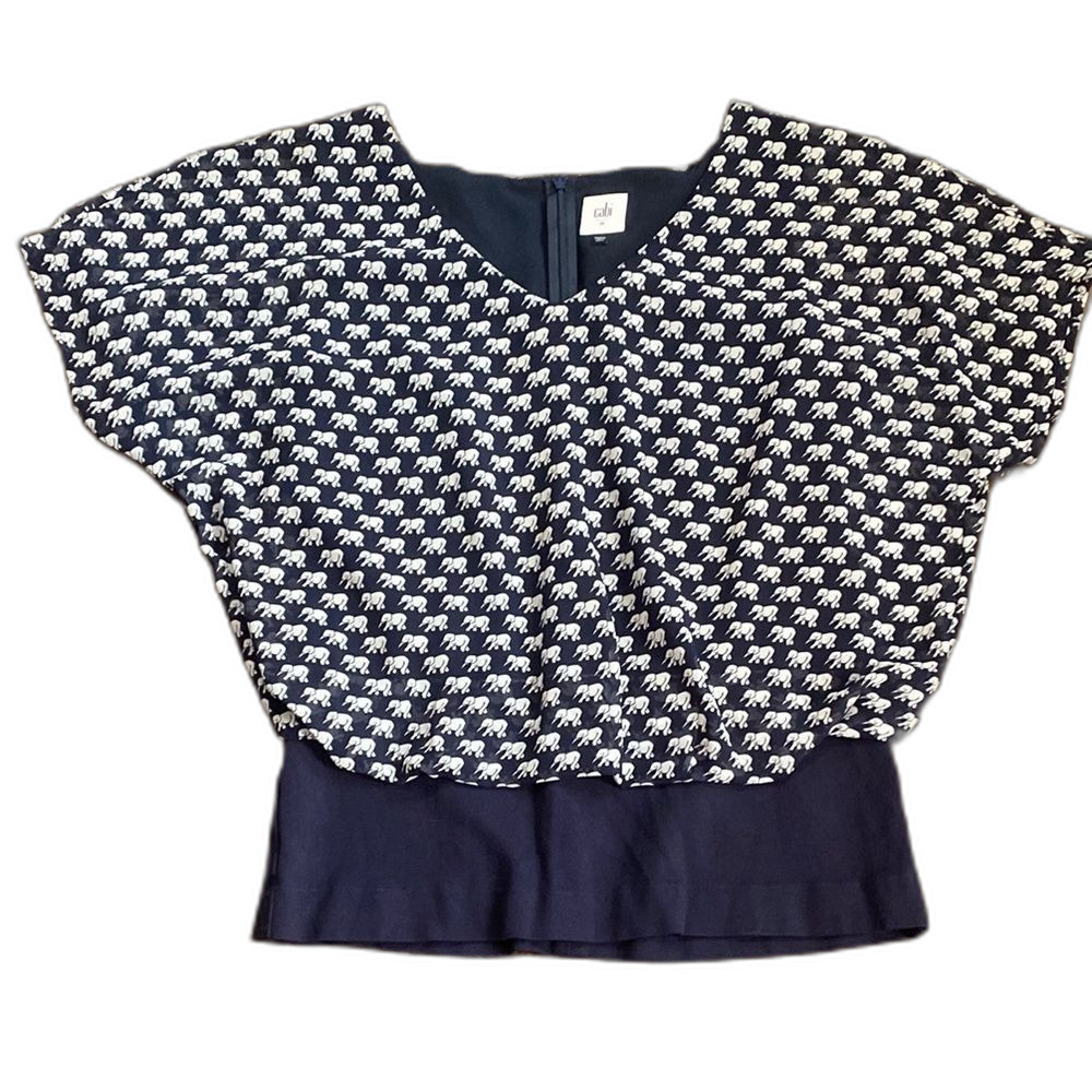 CAbi Parade Navy Blue and White Elephant Flutter Sleeve Blouse Relaxed Fit